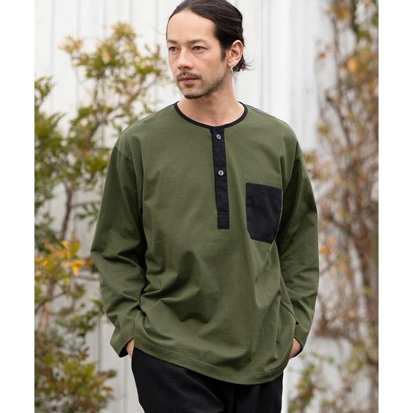 tシャツ mlt4642- 布帛ミックスヘンリーLS Tシャツ メンズ