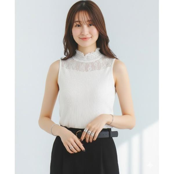 タンクトップ ノースリーブ レース使いハイネックタンクトップ レディース