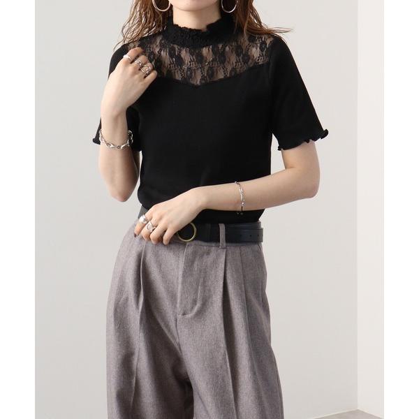 tシャツ レース使いハイネック半袖Tシャツ レディース