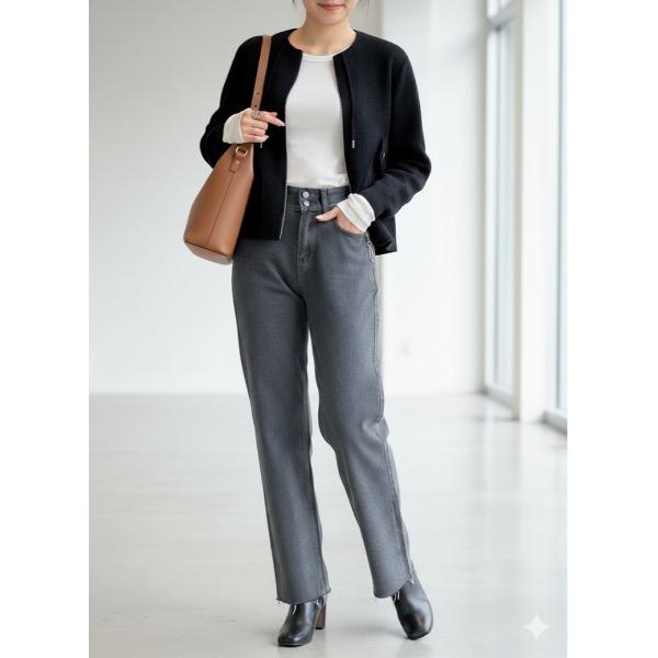 ジーンズ デニム デニムパンツ ハイウエスト カットオフ ワイドストレートデニム（チャコールグレー/...