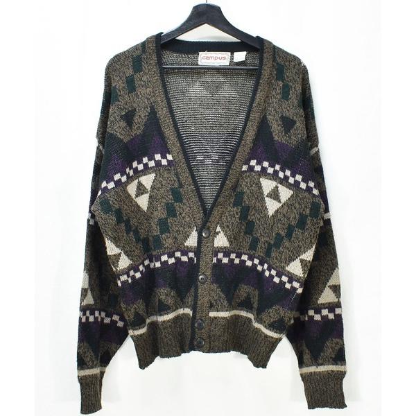 カーディガン 「ヴィンテージ古着」80's Campus 幾何学模様 総柄 デザインニットカーディガ...