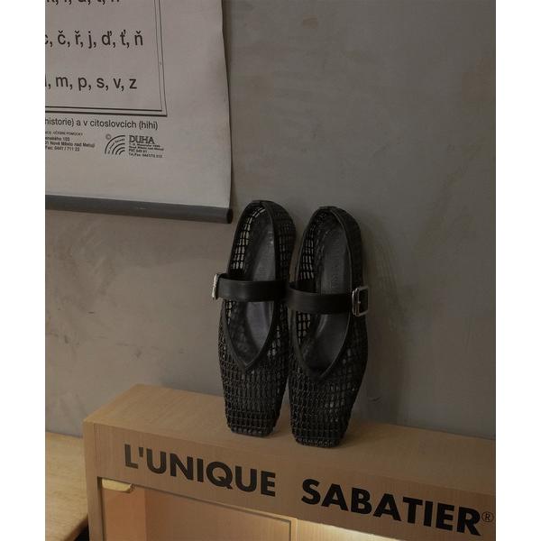 パンプス スクエアトゥメッシュストラップフラットシューズ