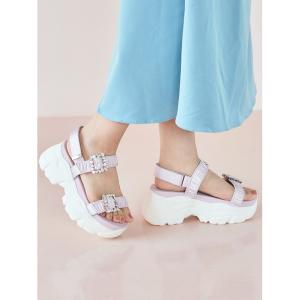 サンダル Mafmof(マフモフ)7.5cm厚底ソールビジュー×ギャザーベルトスポーツサンダル レディース