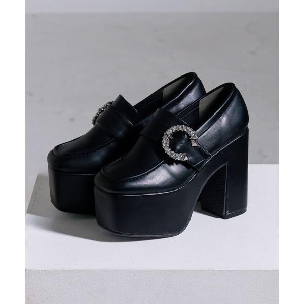 パンプス 厚底ビジューバックルローファーパンプス