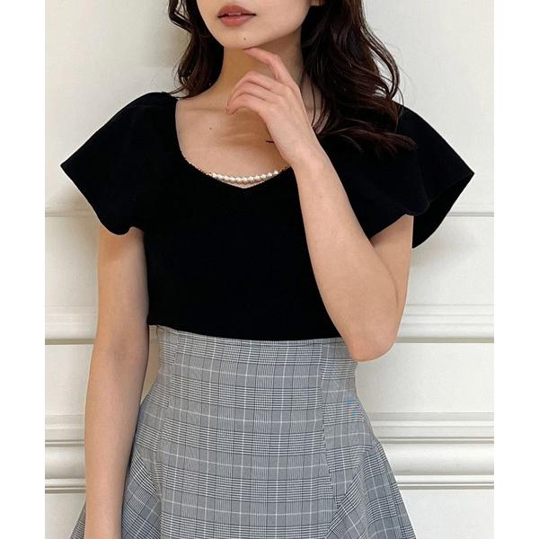 ニット セーター デザインスリーブパールチェーンニットトップス レディース