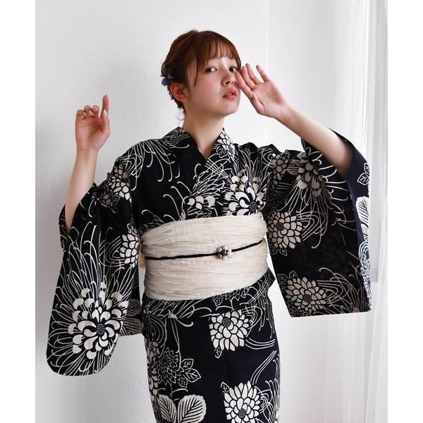 浴衣 手染め注染浴衣3点セット utatane×注染工房 先染めベージュ 黒地に大輪の菊 レディース