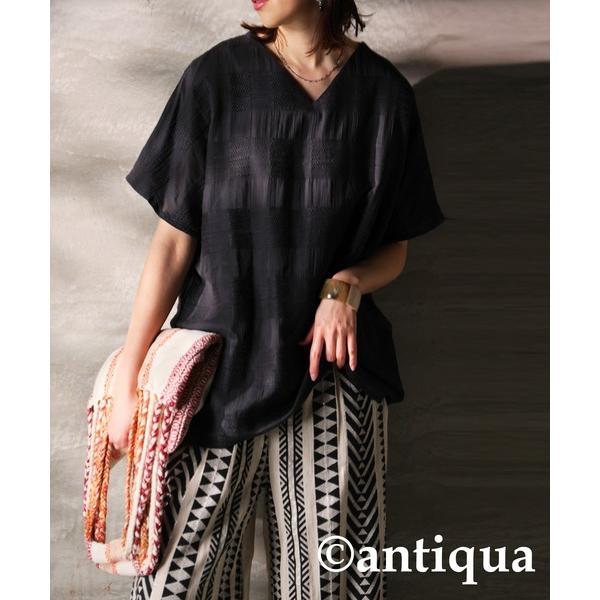 tシャツ ドビー織りVネックトップス レディース