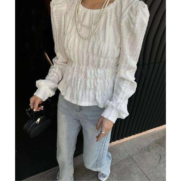 ブラウス シャツ パフショルダーギャザーブラウス レディース