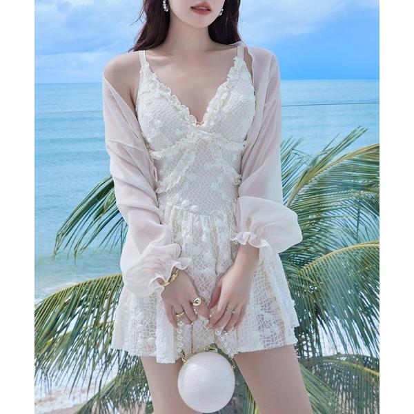 水着 レディース水着体型カバー 長袖シースルーボレロ+フリルバックシャンワンピース 2点セット レデ...