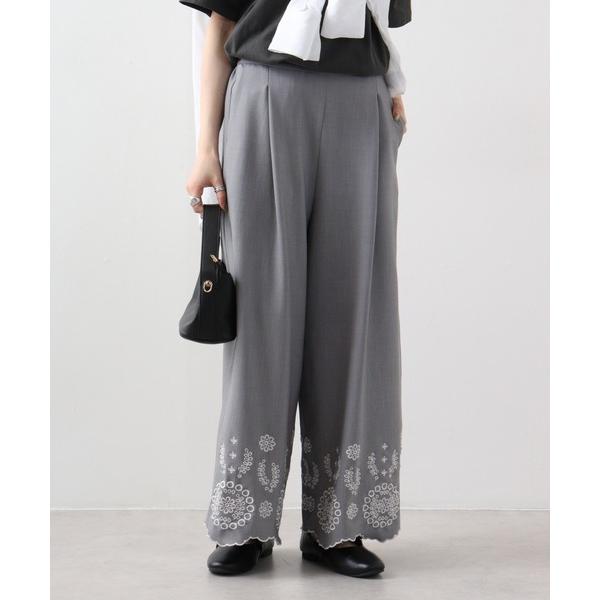 スラックス パンツ Abanicos デニム刺繍　ワイドパンツ レディース