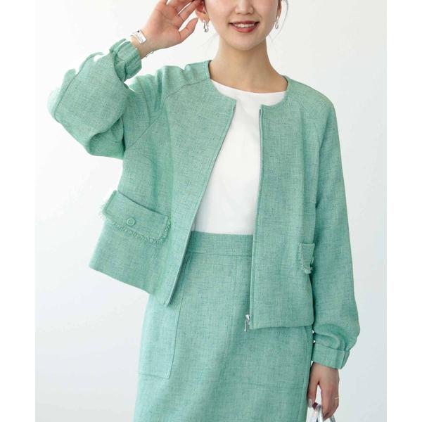ジャケット ノーカラージャケット ミックスツイードノーカラーブルゾン レディース