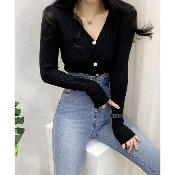 カーディガン 春ソフトクロップドVネックリブカーディガン 全6色 レディース
