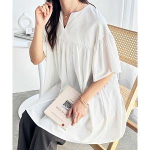 ブラウス シャツ フレアー袖キーネックブラウス レディース