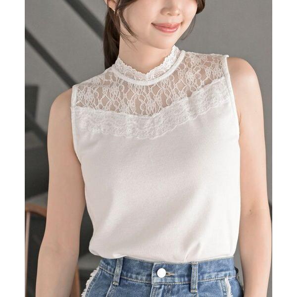 タンクトップ ノースリーブ レース切替ハイネックタンクトップ レディース