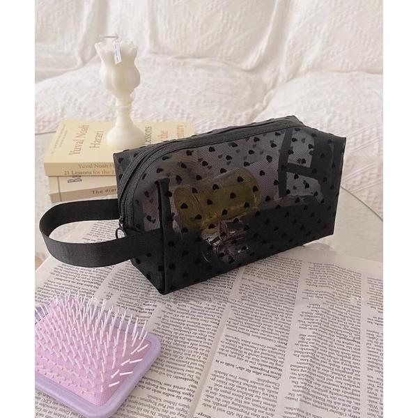 ポーチ メッシュハート柄ポーチBLACK(XL) レディース