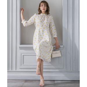 ワンピース フラワープリントギャザーフレアワンピース