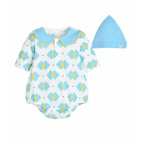 ベビー服 ロンパース 「モダールコットン」ブルーダイヤ柄ロンパース＆帽子