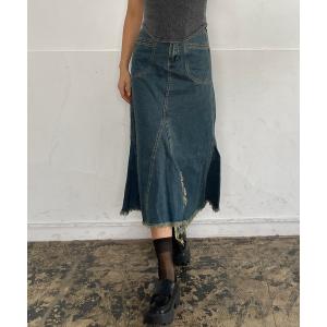 スカート フリンジデニムフレアスカート レディース