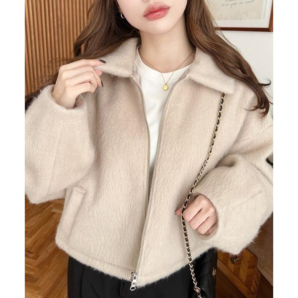 コート アウター Wファスナーボリュームスリーブシャギーショートブルゾン レディース