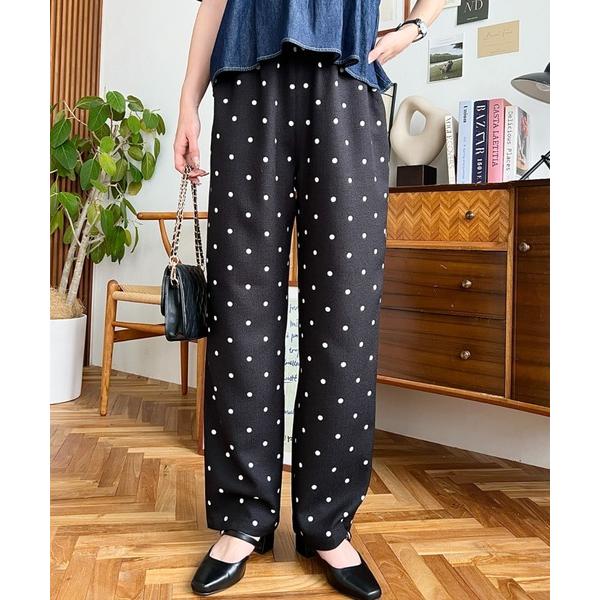 パンツ リネンライクドットプリントウエストリボンパンツ レディース
