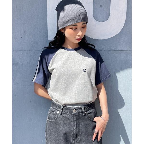 tシャツ ラグランラインスリーブリンガー刺繍Tシャツ レディース
