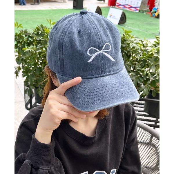 キャップ 帽子 ウォッシュ加工リボン刺繍キャップ レディース