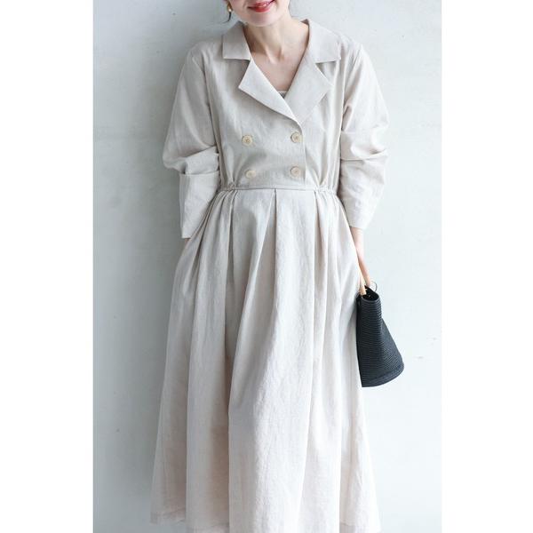 ワンピース ラフに着るトレンチ風コットンリネンのミディアムワンピース