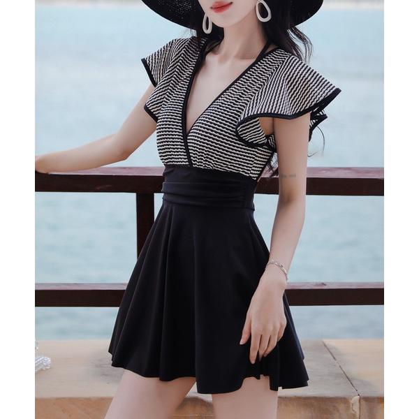 水着 レディース水着 ボーダー柄ワンピ風バックリボンオールインワンスイムウェア レディース