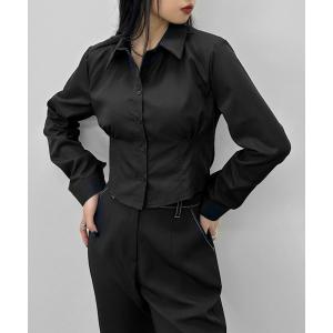 ブラウス シャツ 「LVEU.」ウエストデザインクロップドシャツ / トップス シャツ ブラウス タイト タック 長袖 クロップド ショート ブラック