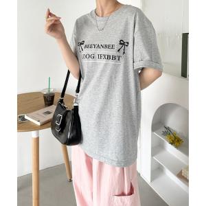 レディース tシャツ Tシャツ リボンロゴプリント オーバーサイズ半袖Tシャツ｜zozo