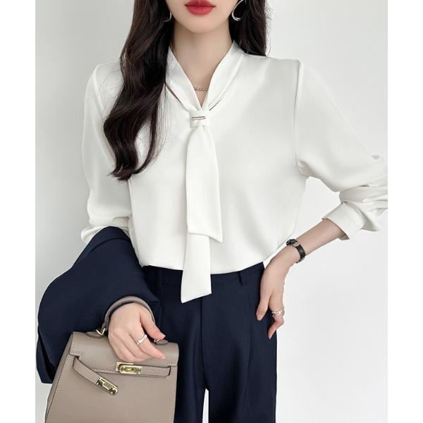ブラウス シャツ 「5色展開」 品のある光沢感できれいめに ボウタイブラウス メタルバー付き 長袖 ...