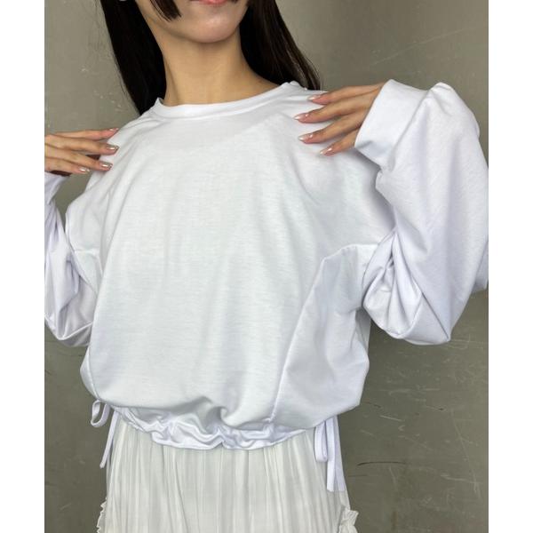 tシャツ ウエストシャーリングリボンボリュームスリーブショート丈トレーナー レディース