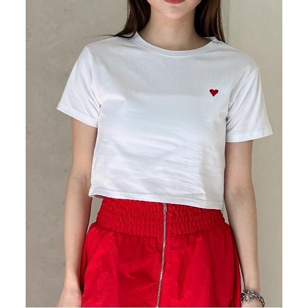 tシャツ ショート丈ハート刺繍Ｔシャツ レディース
