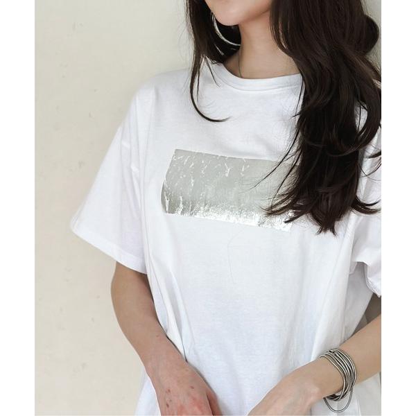 tシャツ 半袖 綿天竺オーバーサイズ箔プリントＴシャツ レディース