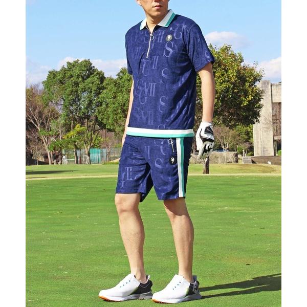 ゴルフ メンズ ゴルフウェア セットアップ 上下セット ロゴ型押しパイル生地 半袖 ポロシャツ ハー...