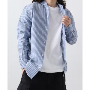 シャツ ホリゾンタルカラー麻混ストライプシャツ　長袖 メンズ レディース