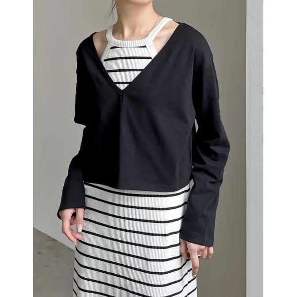 ワンピース 「低身長/高身長サイズ有」「2点セット」カップ付きテレコアメスリワンピース×VネックTシ...