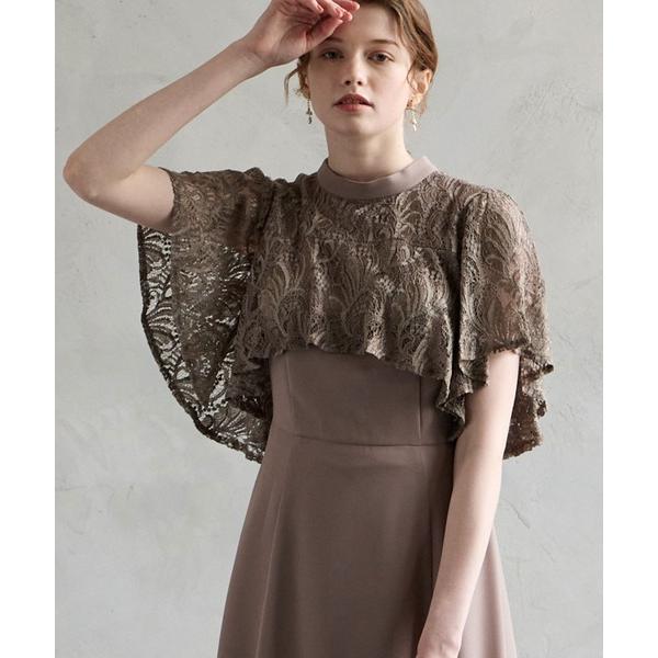 ワンピース レースケープ風スリーブフィット＆フレアパーティードレス　結婚式　お呼ばれ　ドレス　20代...