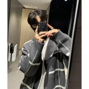 カーディガン 「NOWLE」Vネック チェック ニット カーディガン メンズ