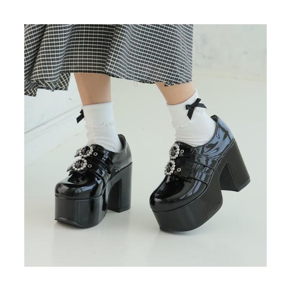 ローファー 厚底太ヒール ビジューバックルベルト ローファーパンプス レディース