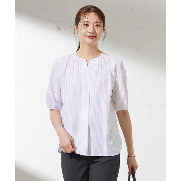 ブラウス シャツ 「洗える」BEZ空羽ストライプ クルーネック V開き ブラウス レディース