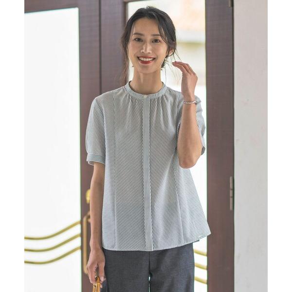 ブラウス シャツ 「洗える」ドビー強撚ストライプ 前開き ブラウス レディース