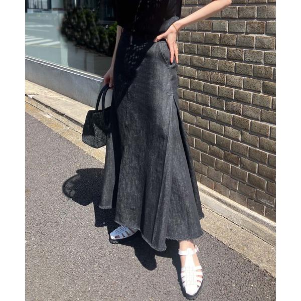 マルチサイズ デニムスカート サイドプリーツデニムロングスカート -洗濯機洗い可-