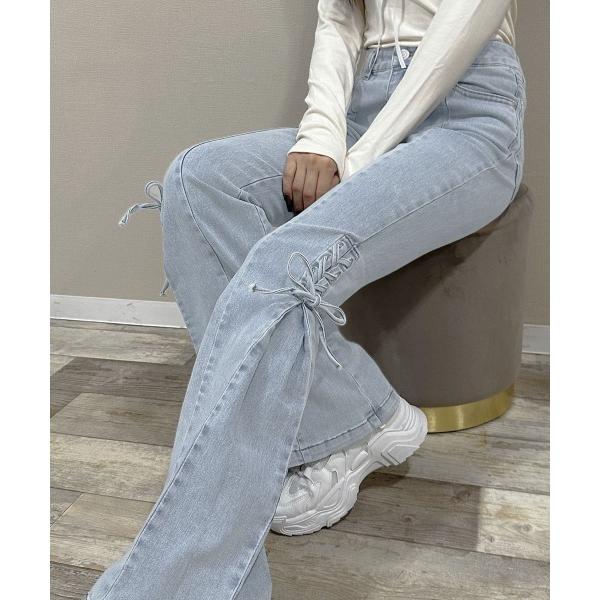 ジーンズ デニム デニムパンツ 脇リボンレースアップデニムフレアパンツ レディース