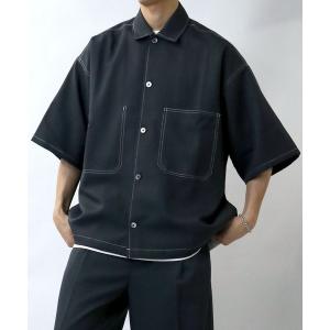 シャツ ブラウス メンズ oversize stitching shirt/オーバーサイズ ステッチング シャツ/ストレッチ 半袖シャツ