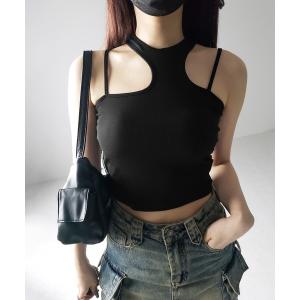 タンクトップ レディース 「 カップ付き 」カットアウトストラップクロップドタンクトップ ／ cut out strap cropped tankto｜zozo