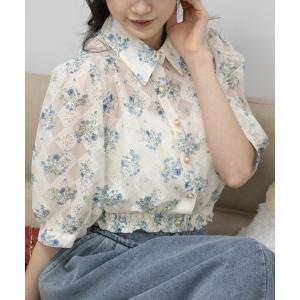 花柄レース 半袖クロップドブラウス