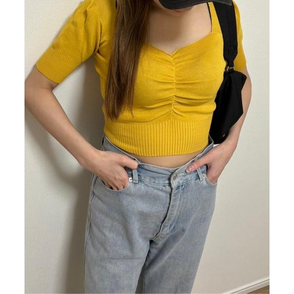 tシャツ 「M2SUQARED/エムツースクエア」Vネックフロントシャーリングパフスリーブ半袖ニット...