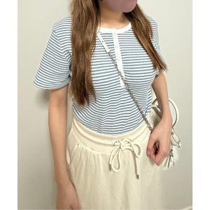 tシャツ 「M2SUQARED/エムツースクエア」ヘンリーネックワッフル半袖ボーダーTシャツ レディース