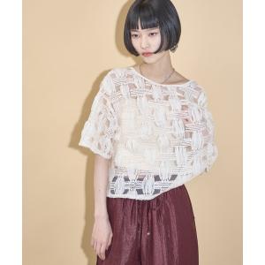 シャツ ブラウス グリッドチュールレースハーフスリーブシアートップス レディース